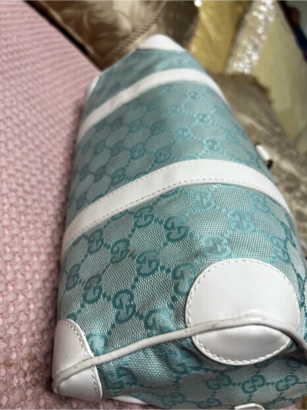 Gucci Vintage Light Blue/Teal GG Canvas Boston Satchel Bag - Picture 5 of 13